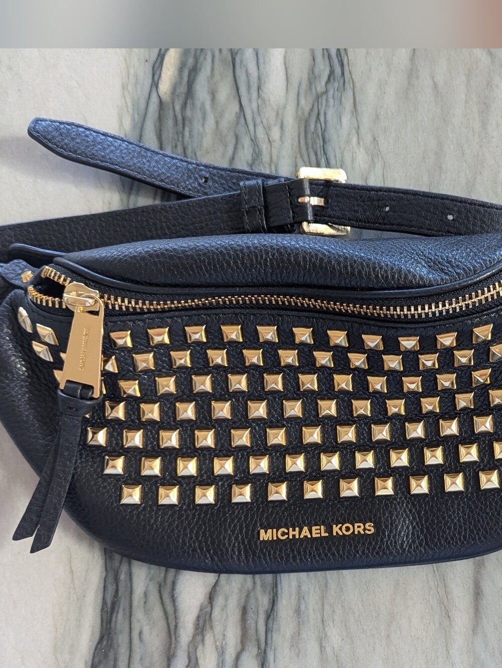 Michael Kors Black Leather Gold-Stud Belt Bag - Picture 2 of 3